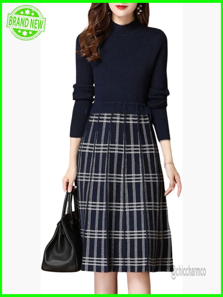 Vintage Plaid Checkered A-Line Midi Dress Long Sleeve Mock Neck Sweater